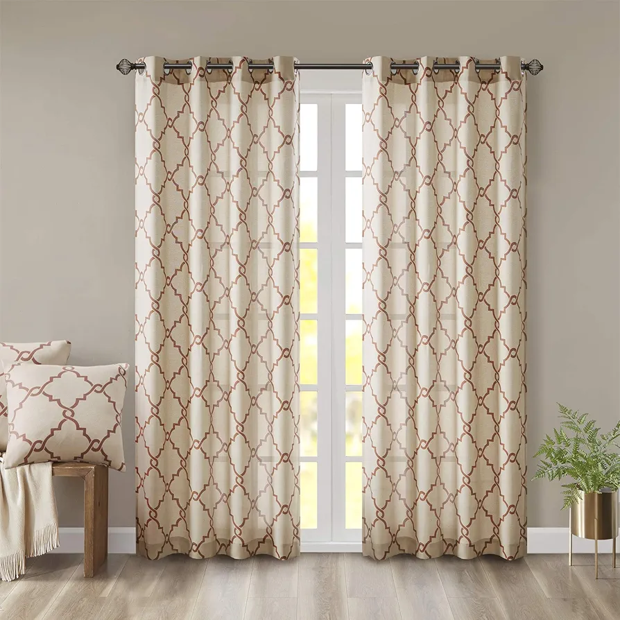 Madison Park Saratoga Single Window Curtain Light Filtering Fretwork Print 1 Panel Grommet Top Drape for Living Room Bedroom and Dorm, 50x84, Spice (MP40-1756)