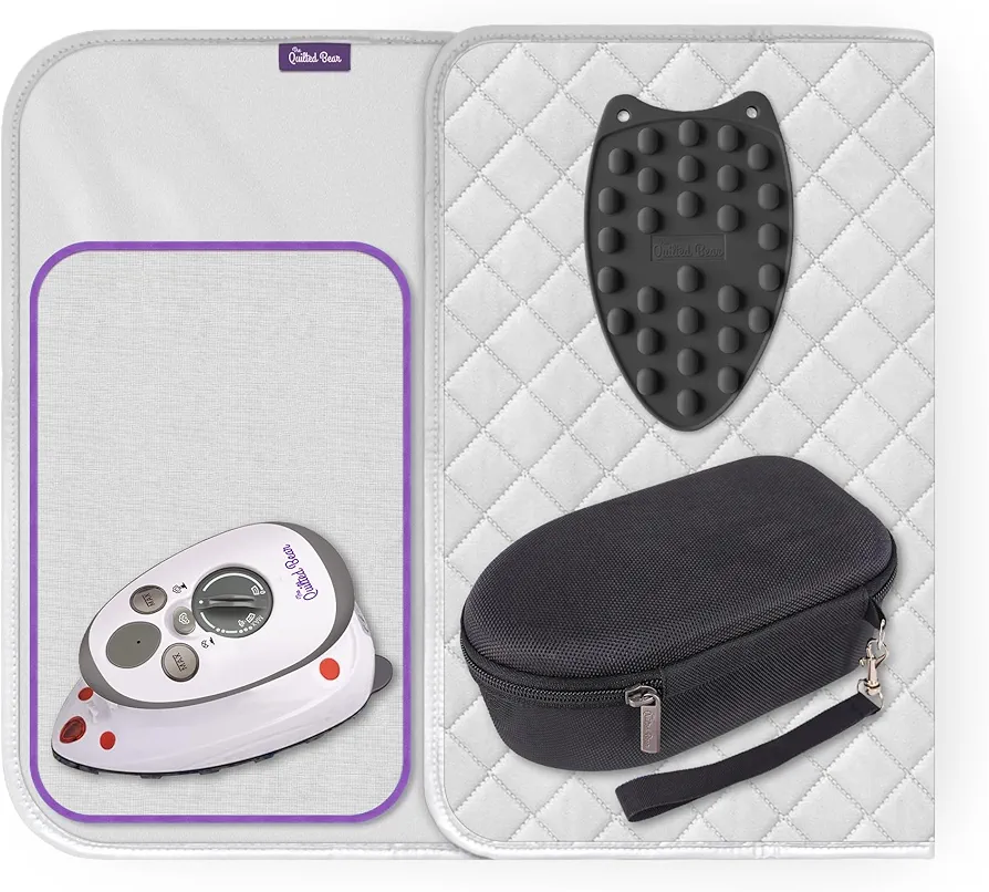 The Quilted Bear Mini Iron, Iron Rest & Ironing Mat - Lightweight Mini Steam Iron with Hard Shell Travel Case, Heat Resistant Silicone Iron Rest & Travel Ironing Mat (Black)