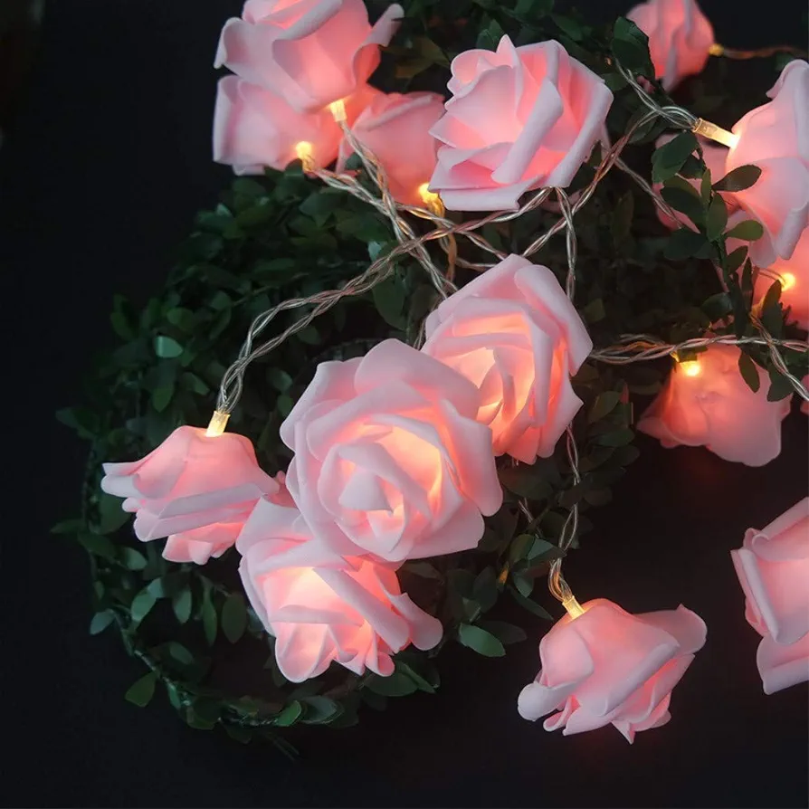 Fantasee LED Pink Rose Flower String Lights Battery Operated for Wedding Home Party Birthday Festival Indoor Outdoor Decorations Large Rose Flower Diameter 6cm (6.6ft 20LED, Pink Rose Warm Lights)