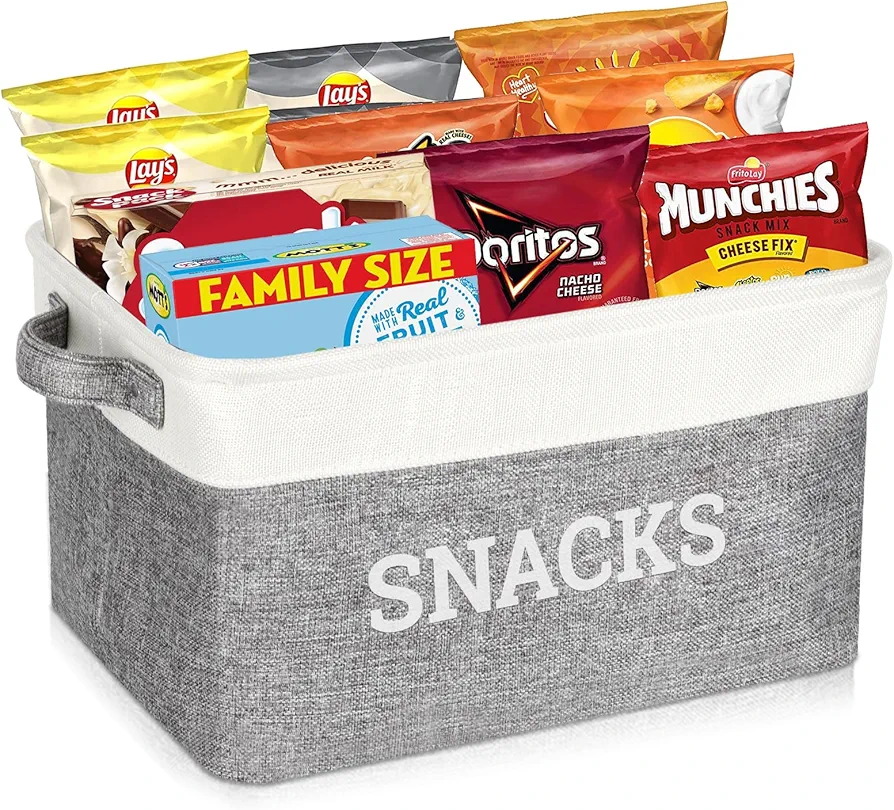 Snack Organizer for Pantry, Foldable Fabric Snack Storage Basket with Handles, Snack Bin Pantry Storage and Organization, Snack Organizer for Countertop, Kitchen, Movie Night, Office, Waiting Room