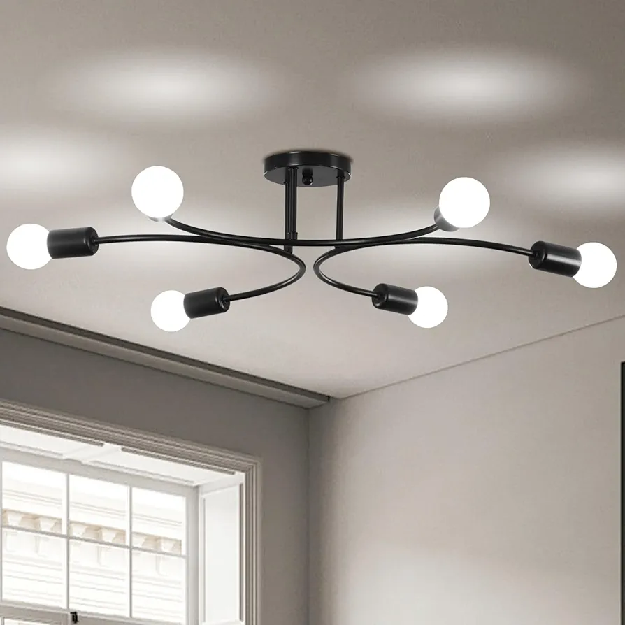 Finktonglan Black Chandelier Ceiling Light Fixture, Modern Sputnik Chandeliers 6-Lights Flush Mount Ceiling Lights for Bedroom Living Room Dining Room Kitchen (E26)