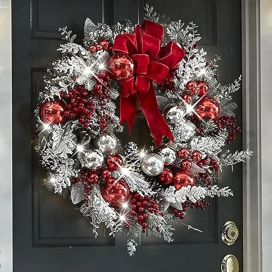 Red and White Holiday Wreath for Front Door - Cordless Wall Hanging Christmas Garland Trim for Indoor and Outdoor Decor