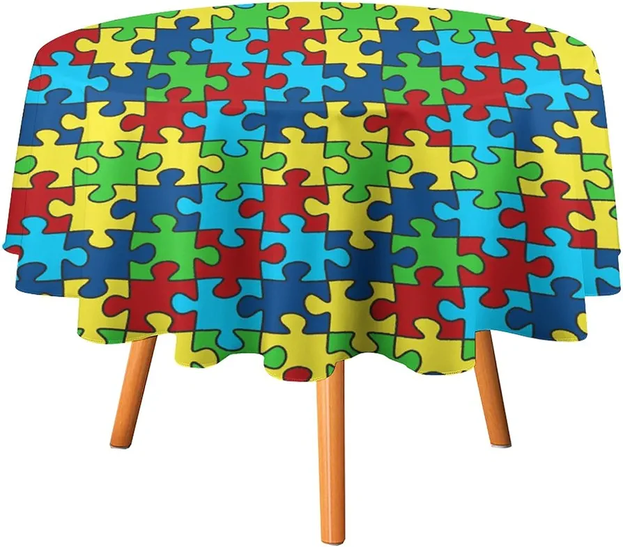 Autism Awareness Puzzle Round Tablecloth Washable Table Cloth Polyester Table Cover for Dining Room Party Picnic 60x60in