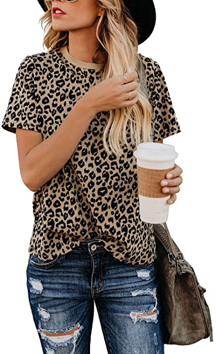 BMJL Women's Casual Cute Shirts Leopard Print Tops Basic Summer Short Sleeve Fashion Soft Blouse Loose Fit Tshirt