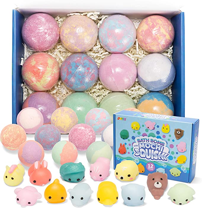 JOYIN Bath Bombs for Kids with Mochi Squishy, 12 Pack Bubble Bath Bombs with Surprise Toy Inside, Natural Essential Oil SPA Bath Fizzies Set, Easter Gifts for Boys and Girls