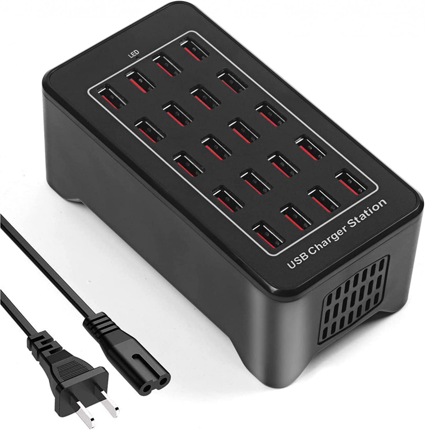 20-Port 100 W(20 A) Multiple USB Charger Station，RISWOJOR Multiport USB Charging Station with Intelligent Detection, Compatible with Smartphones, Tablets, and More Devices