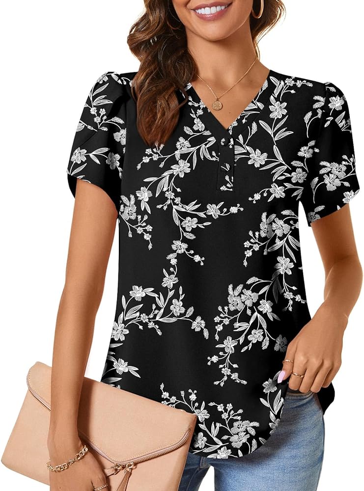 CATHY Womens Casual Summer Tops Dressy Petal Short Sleeve Chiffon Shirts Button Up V-Neck Tunic Blouses