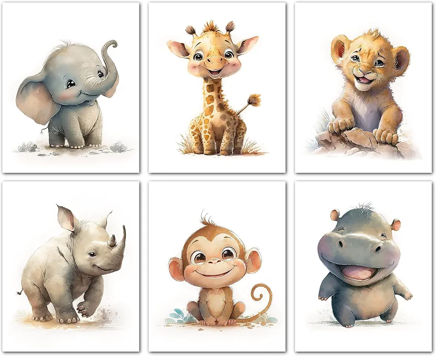 Lavema Happy Safari Animal Nursery Wall Art Decor Set - Posters (8 x 10 Unframed) - Kids Baby Room Decor Neutral Prints Boy Girl Canvas - Jungle Animals Set