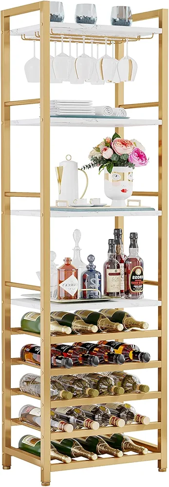 Wine Rack Freestanding Floor, 9 Tier Wine Bar Cabinet for Liquor and Glasses Storage, Wine Bottle Holder Shelf for Home Kitchen Dining Room, Gold and White (20 Bottle)