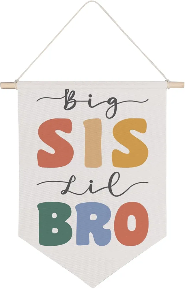 Nursery Big Bro Lil Sis Canvas Banner,Toddler Girl Boy Room Wall Decor,Sisters Brothers Canvas Hanging Pennant Wall Flag for Nursery Playroom Kids Room