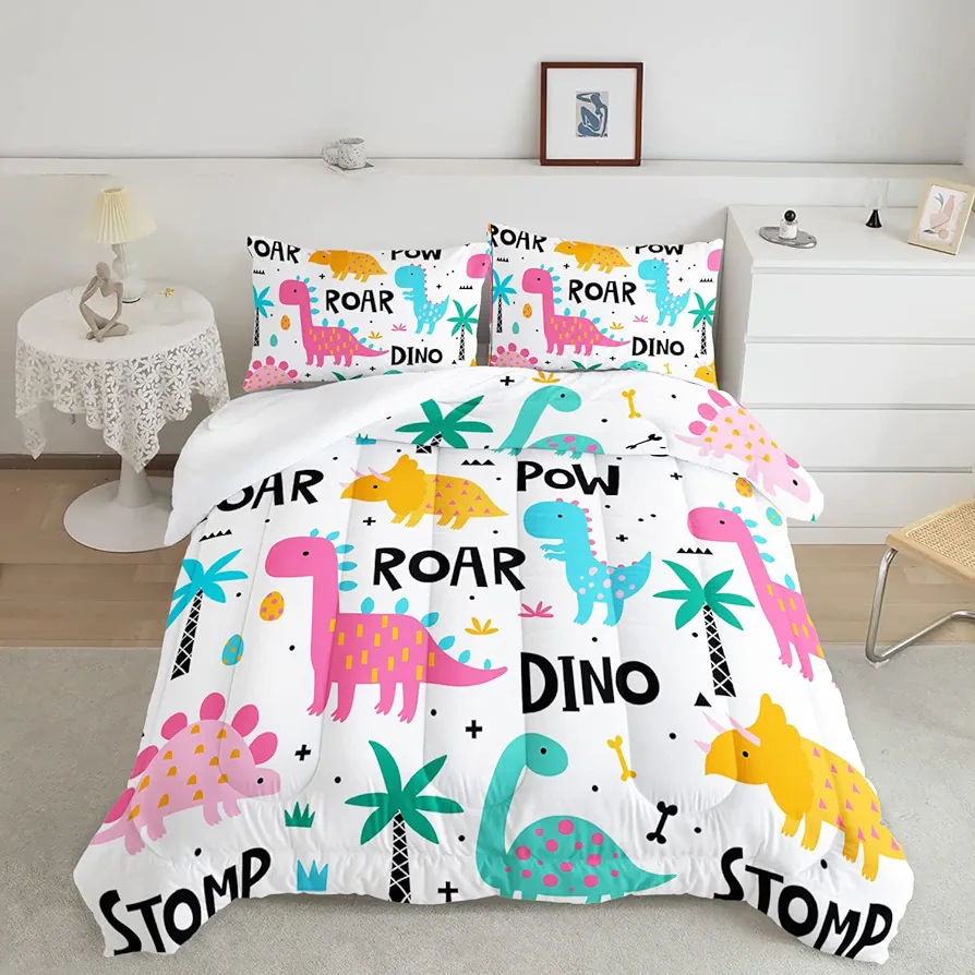 Axolotl Girls Bedding Cartoon Dinosaur Comforter Set Twin Size,Cute Dinosaur Bedding Set for Girls Teens Kids Boys Adults Room Decor,Kids Comforter Set All Season,1 Quilt 2 Pillow Cases,White