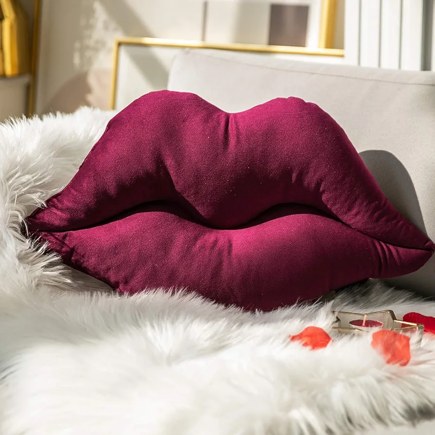 Ashler 3D Lips Throw Pillows Smooth Soft Velvet Insert Included Cushion for Couch Bed Living Room, Dark Purple, 24 X 12 inches