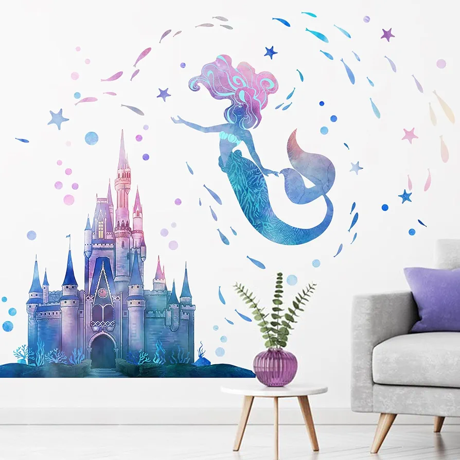 Yovkky Mermaid Wall Decals Stickers, Castle Under The Sea Ocean Creatures Nursery Toddler Girls Kids Room Decor, Fish Starfish Bubble Princess Sea Life Home Decorations Bedroom Art