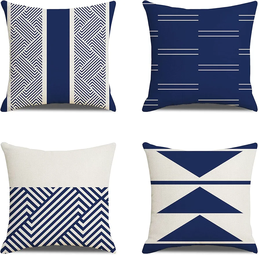 Pack of 4 Decorative Square Navy Blue and White Throw Pillow Covers Set Home Decor Pillow Cases Cushion Case for Couch Sofa Bedroom Living Room Car 18 x 18 Inch