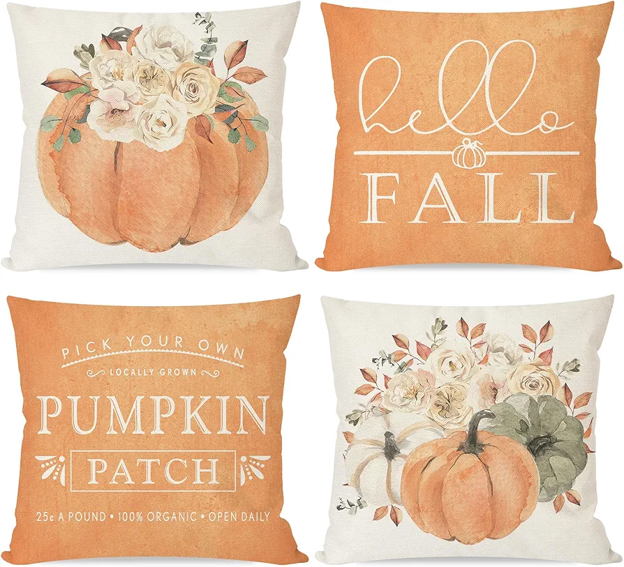 Hello Fall Throw Pillow Covers 18x18 Set of 4 Pumpkin Patch Pastel Orange White Pumpkin Floral Outdoor Farmhouse Autumn Seasonal Decorations Decorative Pillow Cases for Home Room Couch Decor