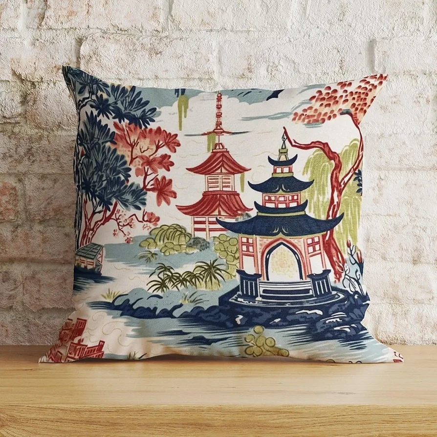 ArogGeld Throw Pillow Case Chinoiserie Pagoda Coral Blue Asian Cushion Cover Eastern Scenery Chinoiserie 16x16in Decorative Pillow Home Cotton Linen Boho Cushion Cases for Sofa Bedroom Living Room