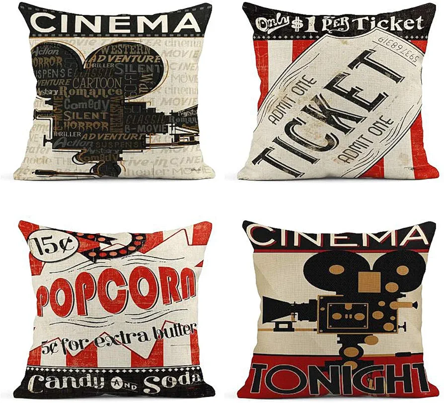 ArtSocket Set of 4 Linen Throw Pillow Covers Vintage Cinema Movie Theater Fresh Popcorn Projector Admit One Decorative Pillow Cases Home Decor Square 18x18 inches Pillowcases