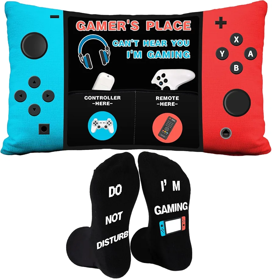 Gamer Gifts Pocket Design Throw Pillow Cover and Gamer Socks - Gaming Room Decoration - Xmas Gift Christmas Stocking Stuffers for Men Teen Boys