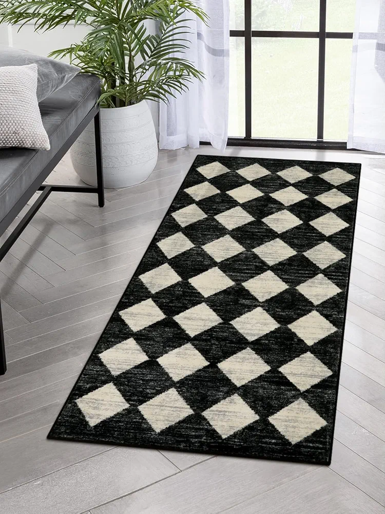 Lahome Washable Black and White Kitchen Runner Rug, 2x5 Soft Non Slip Laundry Room Rug Bathroom Runner Rugs with Rubber Backing, Moroccan Trellis Kid Pet Friendly Carpet Runner for Entryway Bedside