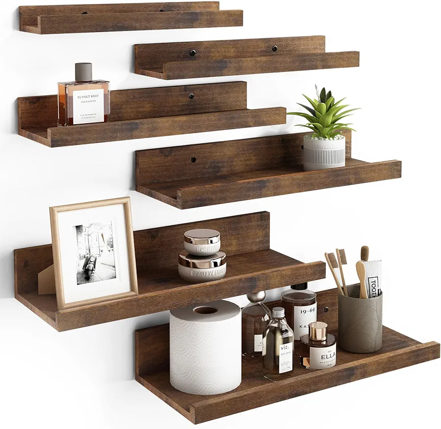 Fixwal Floating Shelves, 6 Sets of Wall Mounted Shelves for Home Decor, Modern Picture Ledge Shelves for Living Room, Bedroom, Bathroom, Kitchen (Brown)