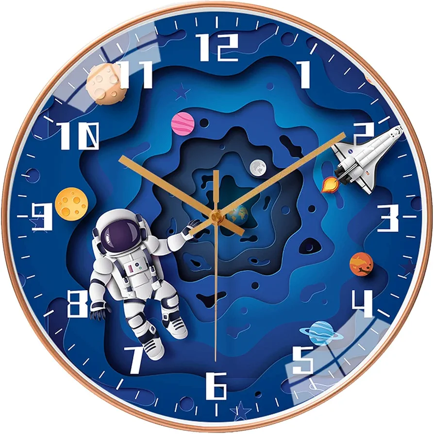 12 Inch Silent Movement Kids Wall Clock, Non Ticking Children Round Wall Clock Battery Operated Space Travel Style Decor Children Clock for Home School boys Bedroom Living Room (Blue)