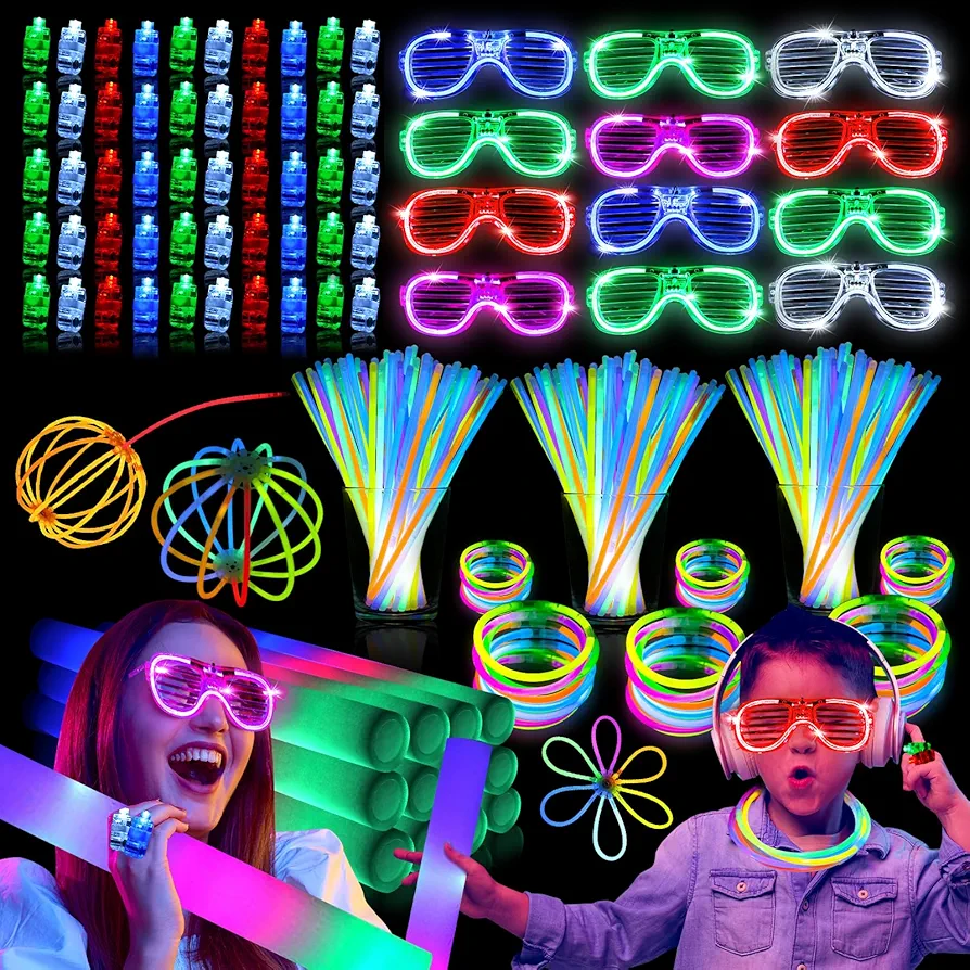 324 PCS Glow in the Dark Party Supplies: Glow Party Favors with 250 Glow Sticks 12 Foam Glow Sticks 12 LED Glasses and 50 Finger Lights - Neon Party Favors for Birthday Wedding Concert and Raves