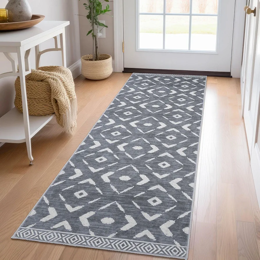 Boho Kitchen Runner Rug Hallway Runner Rug Washable Runner Rug Non Slip Distressed Laundry Room Rug, Low-Pile Rug Runner for Entryway/Bedroom/Kitchen/Living Room, 2x6 Dark Grey