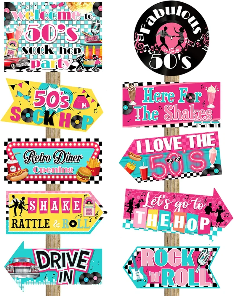 20 Pcs 50s Party Sign Rock and Roll Music 50s Party Decorations Sock Hop 50s Decor 50s Theme Party Supplies Colorful Retro 50s Room Decor Home Sign Cutouts Retro Props for 1950s Adult Birthday Party