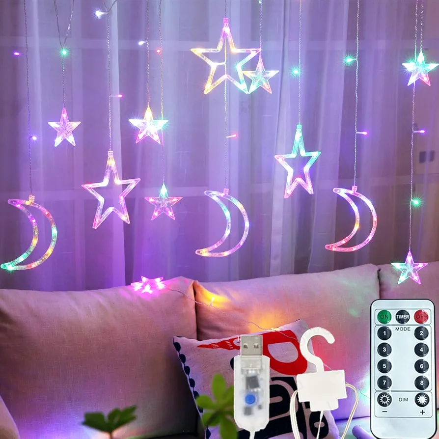 138 Led Curtain String Light Star Moon Icicle Light with 8 Lighting Modes with Timer Remote USB Operated Dimmable Fairy String for Window Wall Home Decoration