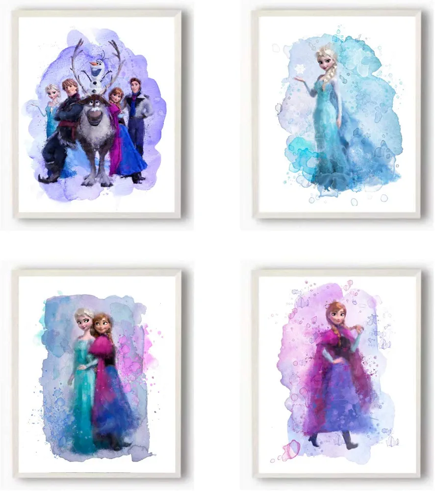 HerZii Prints Frozen Wall Art Decor Prints Frozen Watercolor Poster - Frozen Birthday Party Supplies - Frozen Bedroom Decor For Girls, Anna Olaf Kristoff Elsa Party Decorations (8x10 UNFRAMED)