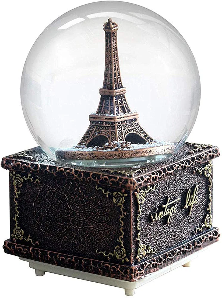 Paris Eiffel Tower Snow Globe Musical Box with Colorful Changing LED Lights, Home Décor Christmas Brithday Valentine's Day Gifts (Gold)