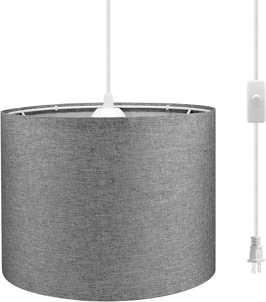 Plug in Pendant Light,15 FT Hanging Lamp with Plug in Cord, On/Off Switch, Pendant Lighting with Fabric Shade, Hanging Light Fixture for Living Room, Bedroom, Dining Room, Kitchen (Gray)