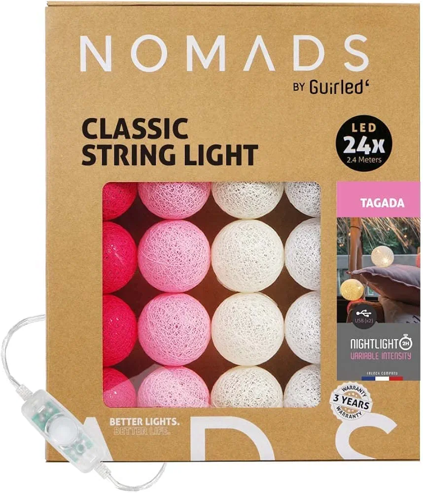 GuirLED Nomads - ﻿String Light Garland LED USB - Fairy Light - Baby Nightlight 2h - AC Adapter Included - 3 intensities 24 Cotton balls - 7.87ft 2.4m - Tagada