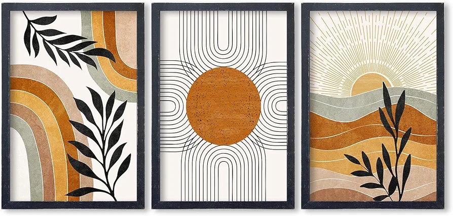 Geometric Sun Desert Plant Wall Art 16"x11" Set Of 3 Boho Wooden Framed Abstract Minimalist Sign Living Room Aesthetics Botanical Nature Illustrations Bedroom Office Wall Hanging Decor (Black)