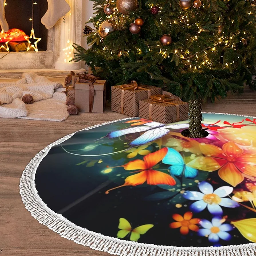 Christmas Tree Skirt with Tassel Colorful with Butterfly 48" Xmas Tree Skirts Tassel Tree Mat Ornament for Home Indoor Outdoor Room Holiday Decoration