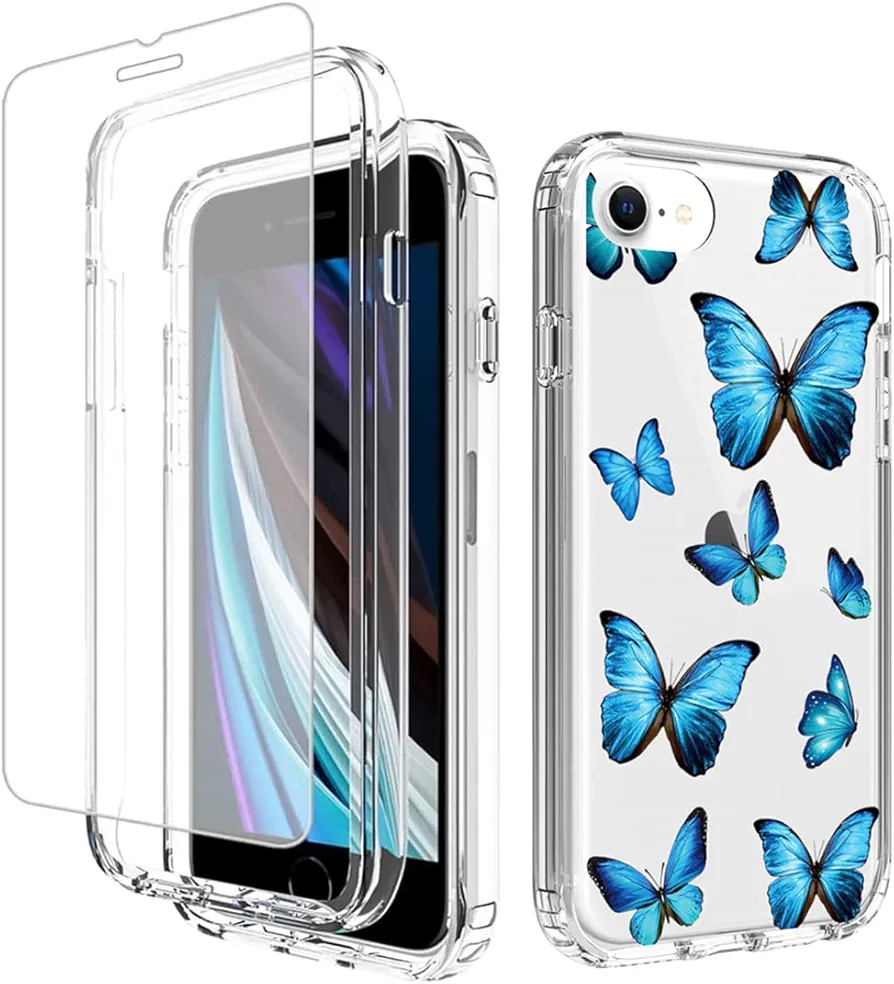 Case for iPhone SE 2022/SE 3 2022/SE 2020/iPhone 7/iPhone 8 Case with Tempered-Glass Screen Protector, Cute Clear butterfly Full Body Protective Phone Cover Case for iPhone 8 (blue butterfly)