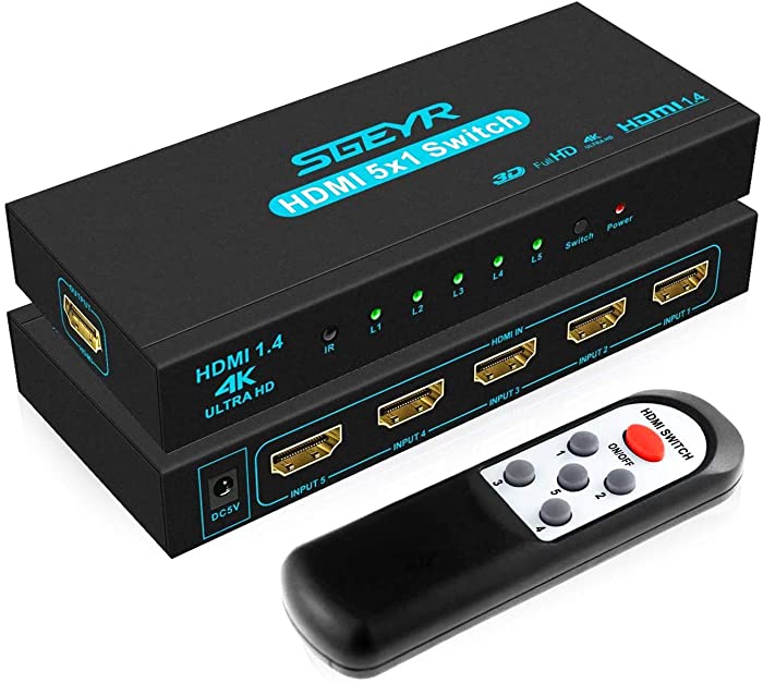 HDMI Switch SGEYR 5x1 HDMI Switcher 5 in 1 Out HDMI Switch Selector 5 Port Box with IR Remote Control HDMI 1.4 HDCP 1.4 Support 4K@30Hz Ultra HD 3D 2160P 1080P