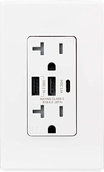 ELEGRP 30W 6.0 Amp 3-Port Type C USB Wall Outlet, Smart Chip High Speed Charging for iPhone, iPad, Samsung, Google, LG, HTC, Android Devices, Tablets and More, UL Listed, w/Wall Plate, 1 Pack, White