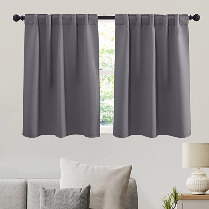 RYB HOME Blackout Curtains for Kitchen, Room Darkening Half Window Treatment Energy Saving Privacy Valances Tiers for Bedroom Bathroom Dining Room, Grey, W42 x L36 inch, 2 Panels