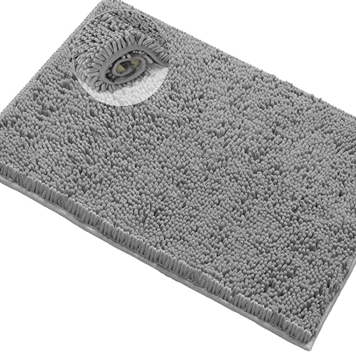 Bath Mats for Bathroom Non Slip - Bath Rugs Chenille Floor Mat by LuxUrux Ultra Soft Washable Bathroom Dry Fast Water Absorbent Bedroom Area Rugs. Light Grey, 20 inches by 32 inches