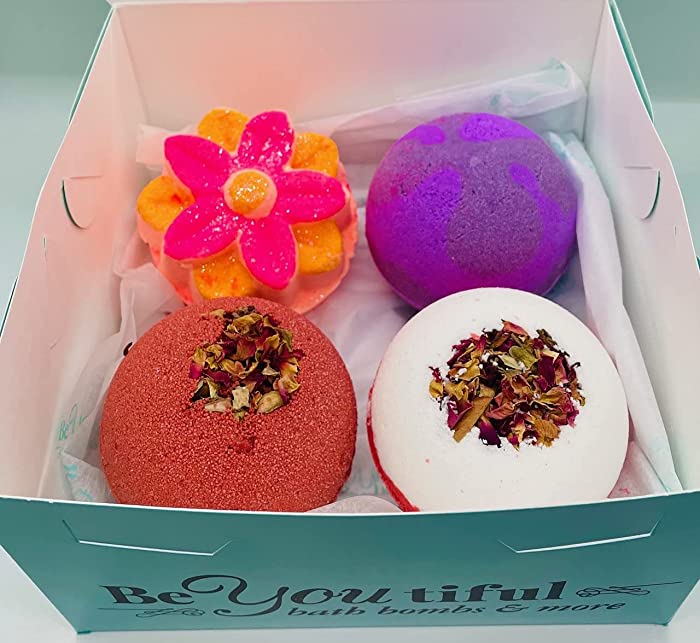 BeYOUtiful Bath Bombs & More, Flower Bouquet Gift Set, 4 Pack Bath Bomb Gift Set, Floral Scents, Aromatherapy, Essential Oils, Rose Bath Bomb, Lilac Bath Bomb