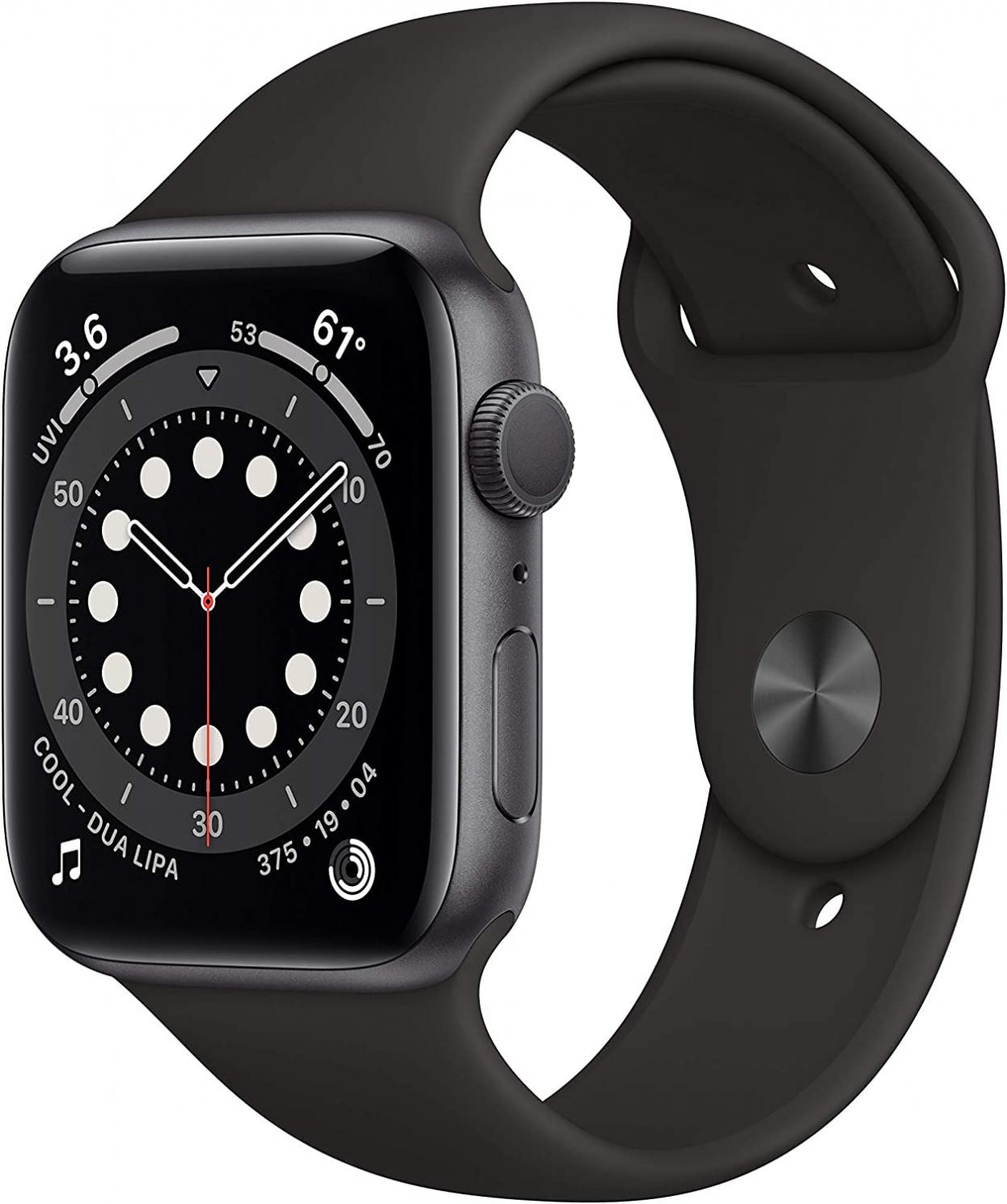 Apple Watch Series 6 (GPS, 44mm) - Space Gray Aluminum Case with Black Sport Band (Renewed)