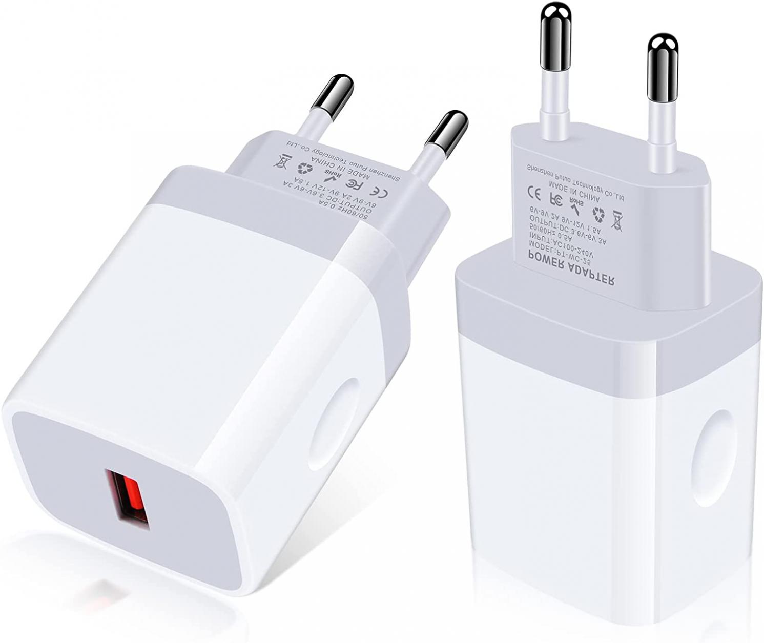 EU USB Charger 2Pack European Travel Plug Adapter 18W Quick Charge 3.0 Wall Charger Block for Samsung Galaxy Z Flip 4/3/Fold 4/3 A73 A53 A33 A13 5G S22 LG HTC Moto iPhone, More Android Phone Chargers