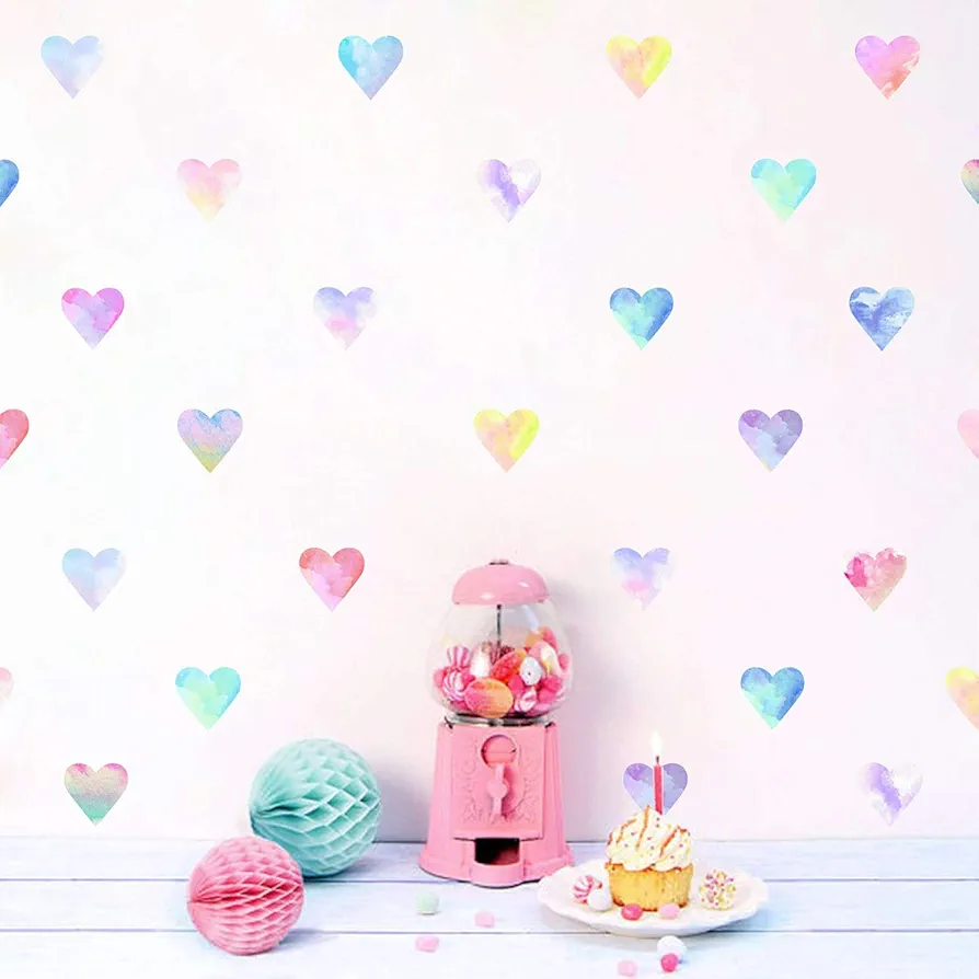 Colorful Heart Wall Decals Watercolor Hearts Wall Stickers Heart Wall Decals for Girls Bedroom Nursery Kids Room Decor