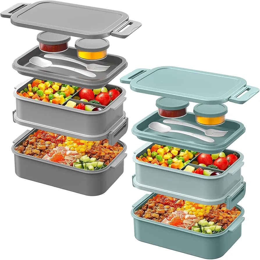 DaCool 2 Pack Adults Lunchbox Bento Box 74 OZ Stackable Lunch Box for Kids Adults Men Women Teens Leakproof Bento Large Lunch Box Container with Fork Spoon Sauce Box for School Work,Grey,Morandi-Green