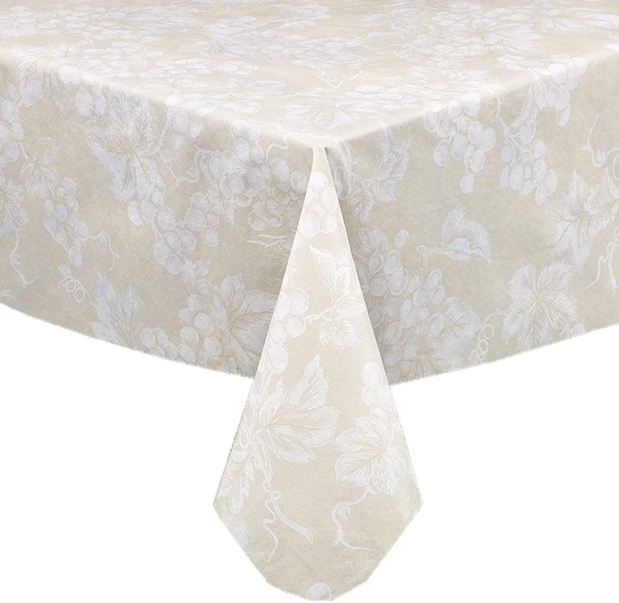 Home Bargains Plus 60 x 84 Inch Rectangle Vinyl Tablecloth with Flannel Backing, Traditional Grapevine Print, Waterproof Indoor Outdoor Dining Room, Party and Banquet Table Cover, Ivory