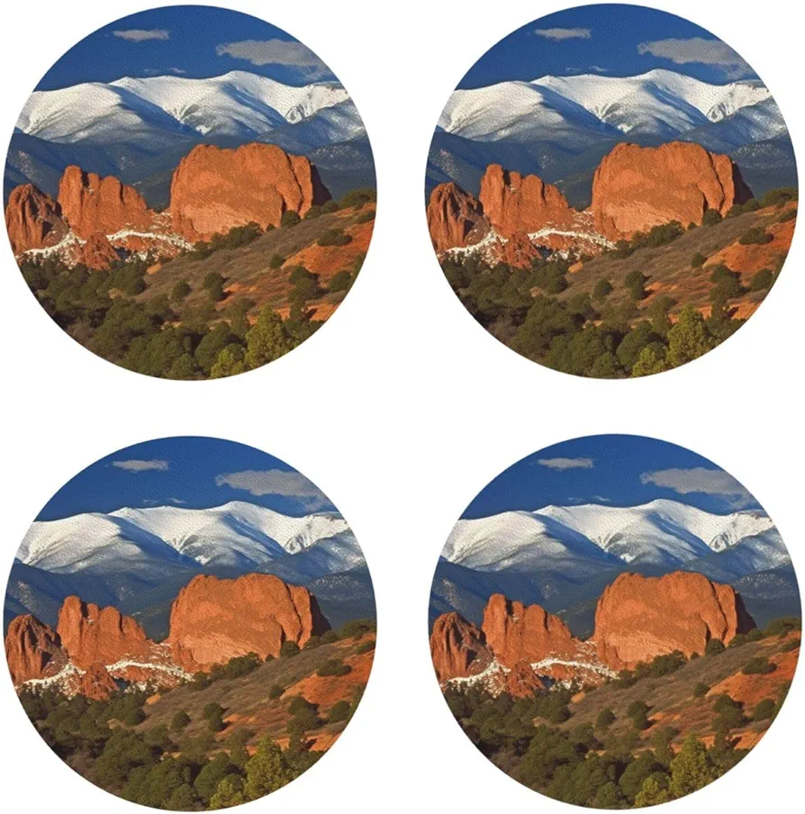 Leather Drink Coasters Set of 4 Pikes Peak Colorado Print Coaster with Holder Waterproof Heat-Resistant Round Cup Mat Pad for Hot Cold Drink Non-Slip Coffee Coasters for Living Room Kitchen Bar