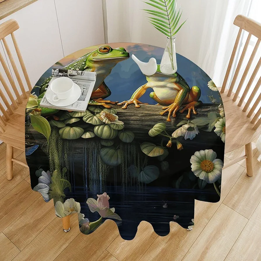 Many Frogs Sing on The Branches Tablecloth Waterproof Wrinkle Resistant Round Table Cover 60x60in Washable Table Cloth for Indoor Outdoor Kitchen Dining Room Holiday Decorative 60 Inch