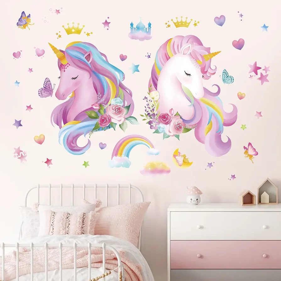 decalmile 2 Large Size Unicorn Wall Decals Pink Rainbow Heart Wall Stickers Girls Bedroom Baby Nursery Kids Room Wall Decor Gifts for Kids