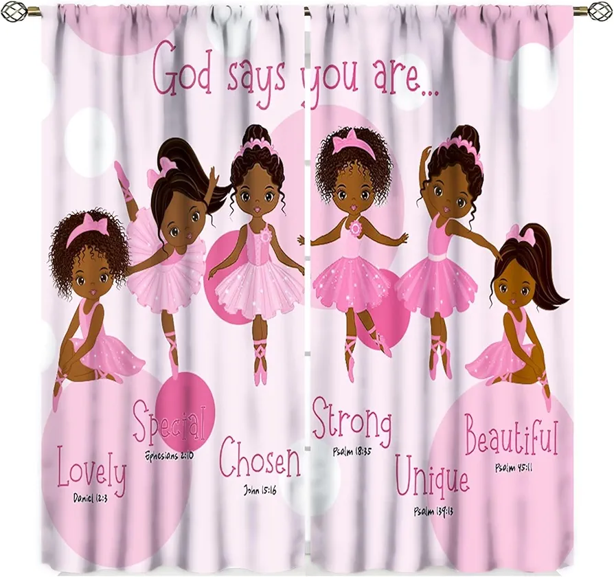 African Black Girl Kids Curtains,Ballerinas Ballet Princess Dancer Black Girl Window Treatments for Bedroom, Cute Girl Ballerina Dancer Pink Curtains 2 Panel Sets,42x45 Inch Decor